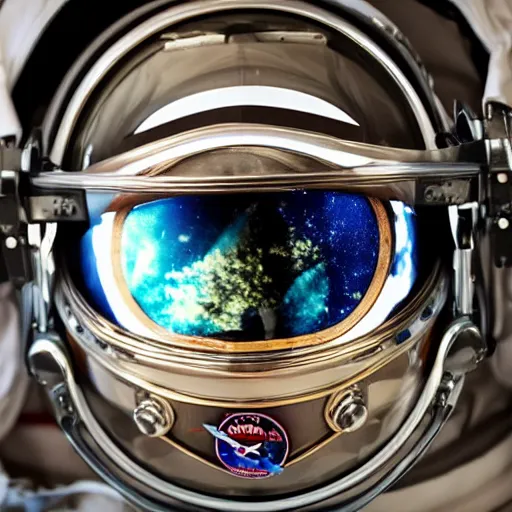 Image similar to a close up photo of astronaut's helmet, supermodel in reflection