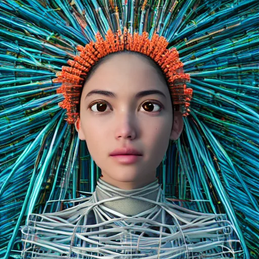 Image similar to piles of modular synth cables mixed with mangrove roots, kawaii puerto rican goddess staring through your soul wearing a headpiece made of circuit boards, by makoto shinkai, masamune, and stanley kubrick, unique perspective, eastman color, trending on artstation, cinematic, 3 d render, photorealistic