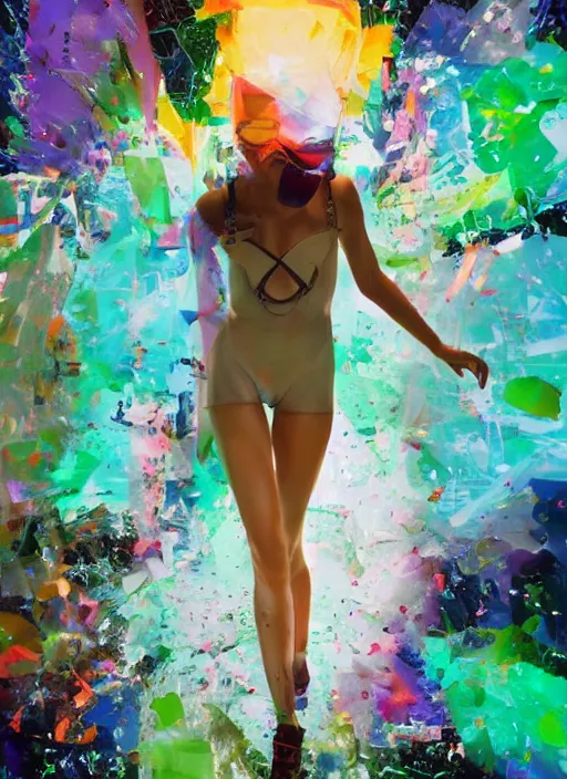 Image similar to futuristic lasers tracing, data visualization, laserpunk fullbodysuit,, pyramid visor, raindrops, wet, oiled, beautiful cyborg girl pinup, by steven meisel, kaws, rolf armstrong, cubist perfect geometry abstract acrylic, hyperrealism photorealistic airbrush collage painting, monochrome, neon fluorescent colors, minimalist rule of thirds, eighties eros