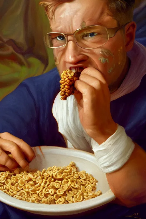 Prompt: cyclops eating cereal oil on canvas, intricate, portrait, 8k highly professionally detailed, HDR, CGsociety