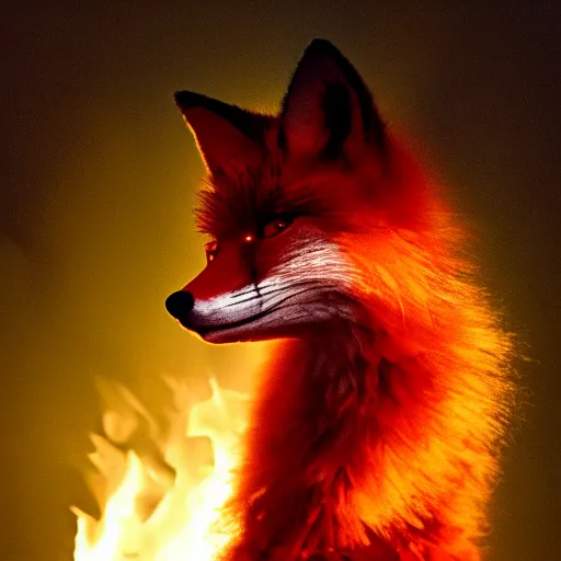 Image similar to A flaming fox standing and posing for the photo, dark background