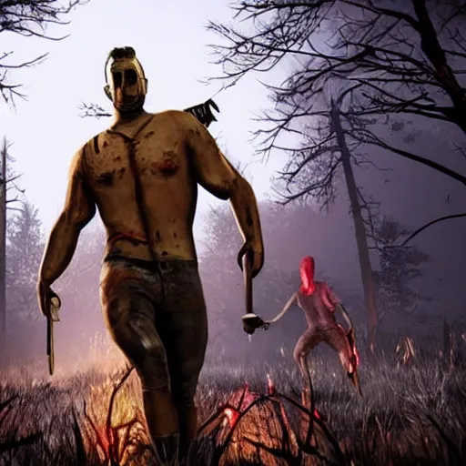 Image similar to Screenshot of Gigachad as a survivor in Dead By Daylight