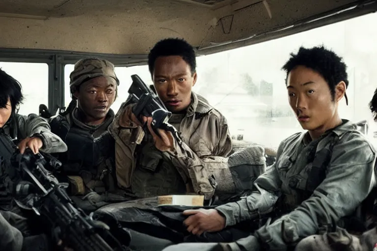 Image similar to movie diverse interracial team of Japanese robbers armed with rifles interior clean futuristic tactical van, beautiful skin, Symmetrical faces. natural lighting by Emmanuel Lubezki