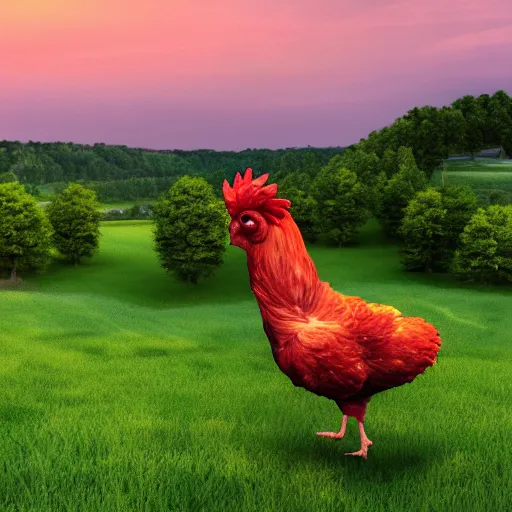 Prompt: gigantic chicken in a field. france, dordogne, hills, ultra high,, detail, 8 k, sunset, flowers, trees, river, hills, octane render.