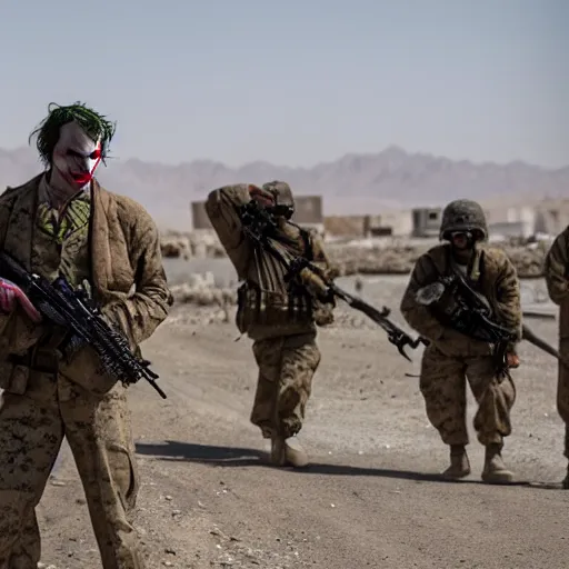 Prompt: cinematic shot of the joker as a us marine in afghanistan, 8 k, very detailed, very intricate,