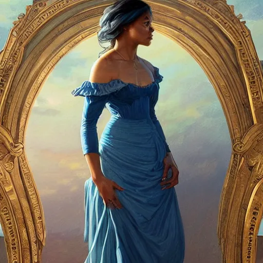 Image similar to full figure ultra realistic illustration, tessa thompson wearing a maiden blue dress, brown flowy hair, old west, intricate, elegant, highly detailed, digital painting, artstation, concept art, smooth, sharp focus, illustration, art by artgerm and greg rutkowski and alphonse mucha