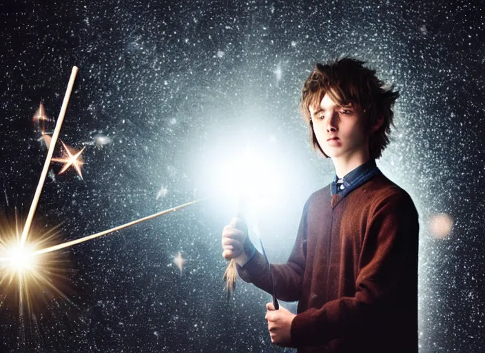 Image similar to a young adult wizard with very detailed face, hair clothes and shoes holds their wand fiercely in their hand from which a blast of bright magic flies from the end of the wand, on an empty moonlit hill, dramatic lighting, lens flare, 3 5 mm full frame professional photography, kodachrome