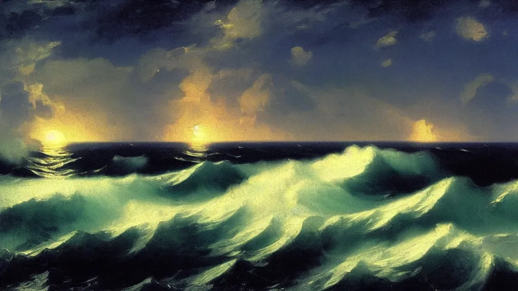 Prompt: high exposure ocean waves at night by ivan aivazovsky, by joaquin sorolla, 4 k resolution