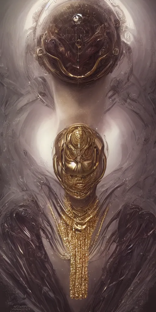 Image similar to realistic character concept, alien queen with lots of jewelry in the face, elegant pose, scifi, illustration, slender symmetrical face and body, artstation, cinematic lighting, hyperdetailed, cgsociety, 8 k, high resolution, charlie bowater, tom bagshaw, single face, insanely detailed and intricate, beautiful, elegant, golden ratio, dark fractal background, vfx, postprocessing