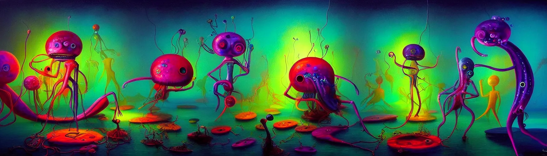 Image similar to strange plankton creatures from the depths of the collective unconscious, dramatic lighting, surreal darkly colorful painting by ronny khalil