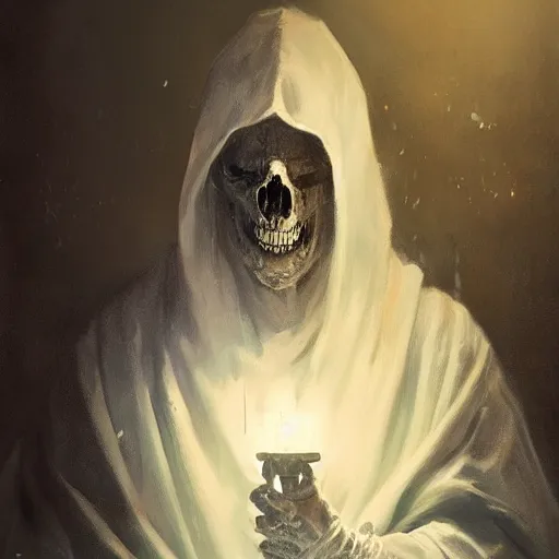 Prompt: an elder lich with a magnificent robe, portrait, realistic skull, sinister atmospheric lighting. highly detailed painting by greg rutkowski.