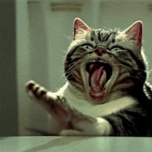 Image similar to screaming laughing cat reaction image, movie still