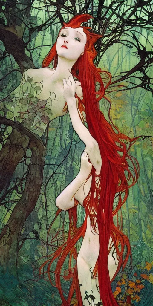 Image similar to a beautiful illustration of a red-head female in a forest, autumn, cinematic composition, mist, style of yoshitaka amano and alfons mucha