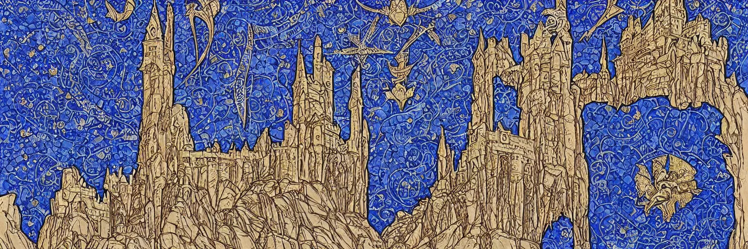 Prompt: dornish castle from westeros by hildebrandt, whelan and moebius, complex jeweled stonework, lapis lazulli, art nouveau architecture, decorative engraving, beautiful castle, shining metalwork and jewel - encrusted walls, runes, flag, emblem