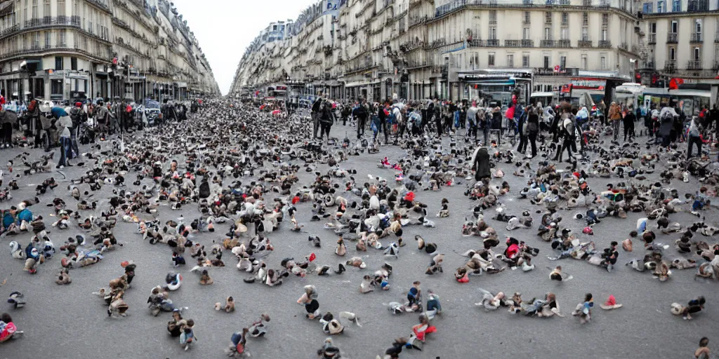 Prompt: million of babies crawling on the streets on paris, wide angle