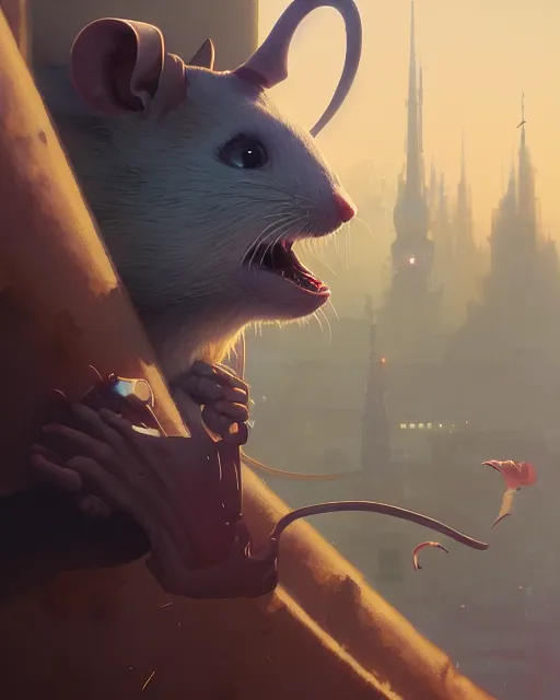 Image similar to highly detailed vfx portrait of an anthropomorphic rat, unreal engine, greg rutkowski, loish, rhads, beeple, makoto shinkai and lois van baarle, ilya kuvshinov, rossdraws, tom bagshaw, alphonse mucha, global illumination, detailed and intricate environment