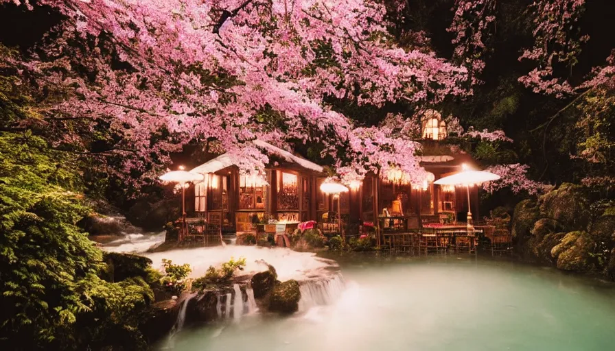 Image similar to a Sophia Coppola 35mm film still of a very surreal magical European castle style cabin with a bookstore cafe behind a lush waterfall, falling cherry blossoms pedals, in the style of Gucci and Wes Anderson glowing lights and floating lanterns, foggy atmosphere, rainy, moody, muted colors, magic details, very detailed, 8k, cinematic look