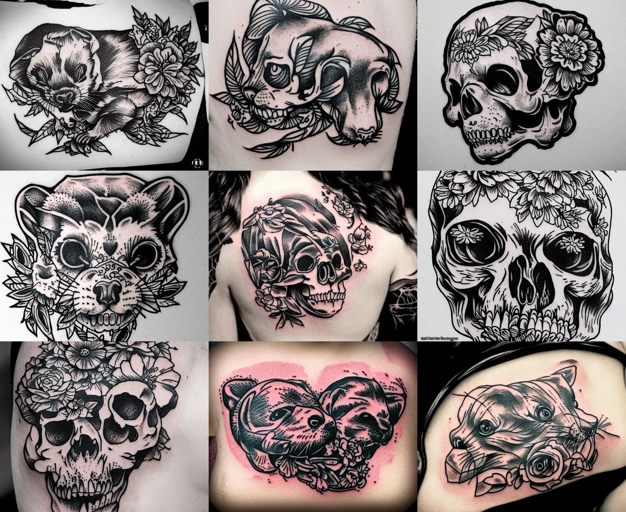 Image similar to detailed amazing tattoo stencil of a floral ferret crawling on a human skull