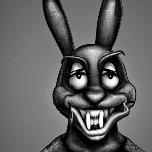 Prompt: A extremely highly detailed majestic hi-res beautiful, highly detailed head and shoulders portrait of a scary terrifying, horrifying, creepy black cartoon rabbit with scary big eyes, earing a shirt laughing, hey buddy, let's be friends, in the art style of Walt Disney