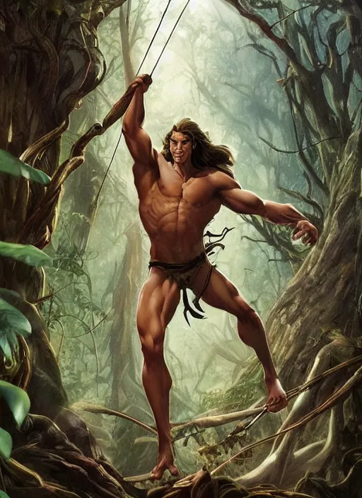 Prompt: A beautiful digital painting of tarzan in the mirkwood forrest holding a bow and arrow looking at the camera by Stanley Artgerm Lau, frank frazetta, Rossdraws, James Jean, gerald brom, Andrei Riabovitchev, Marc Simonetti, and Sakimichan, trending on artstation