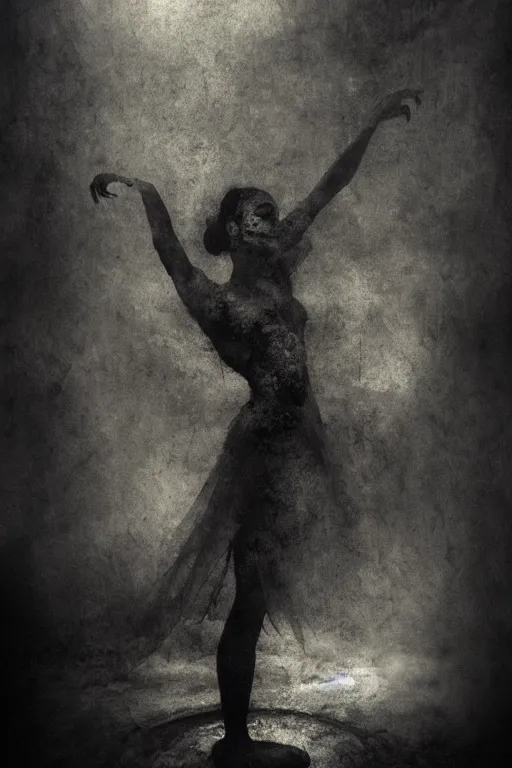 Prompt: dark ballerina, emil melmoth, concept art, deviantart, dark, 3 5 mm, chiaroscuro, surrealist, victorian, mist, dark, seen from below