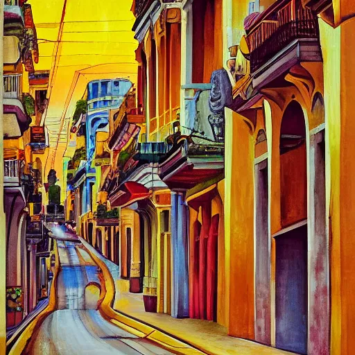 Image similar to art nouveau painting of streets of Havana, Cuba, beautiful, diverse, golden hour