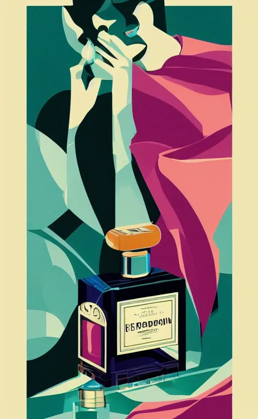 Image similar to illustration, close - up photo with beautiful bottle of perfume near nose, sniffing the aroma, an art deco painting by tom whalen, trending on behance, art deco, digital illustration, storybook illustration, grainy texture, flat shading, vector art, airbrush, pastel, watercolor, poster