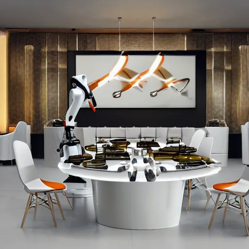 Prompt: three large white glossy kuka industrial robot arms on the floor around a dinner table, the kuka industrial robot arms are wearing bow ties, the table is full of food, they are having dinner inside a posh fine dining restaurant with retro modern furniture and decor, global illumination, artstation, fantasy, volumetric light