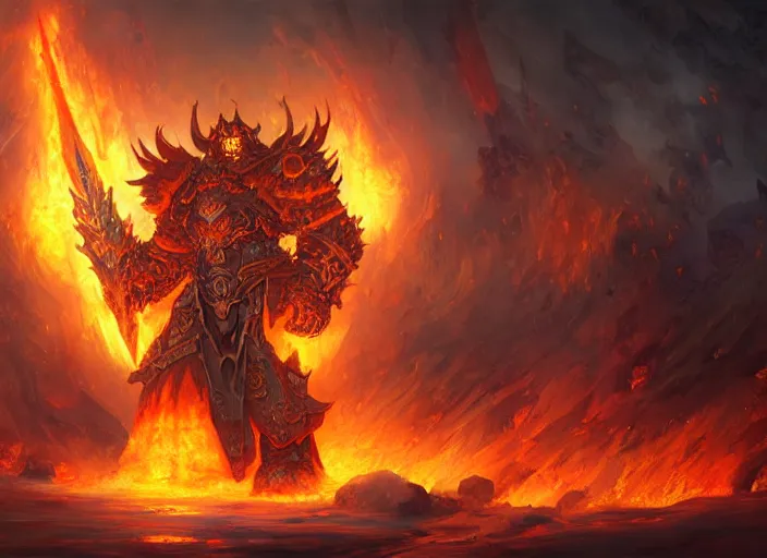 Image similar to artwork of ragnaros from world of warcraft by denning guy, amano yoshitaka, berkey john, bowater charlie, greg rutkowski