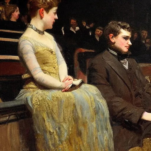 Image similar to a young man watching an actress on stage in an old theater, by alfred stevens