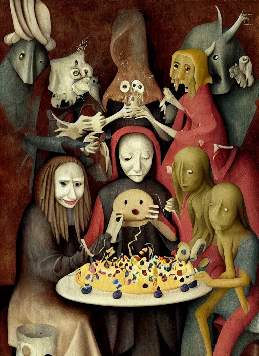 Image similar to fnafs eating cakes painted by hieronymous bosch, detailed digital art, trending on Artstation