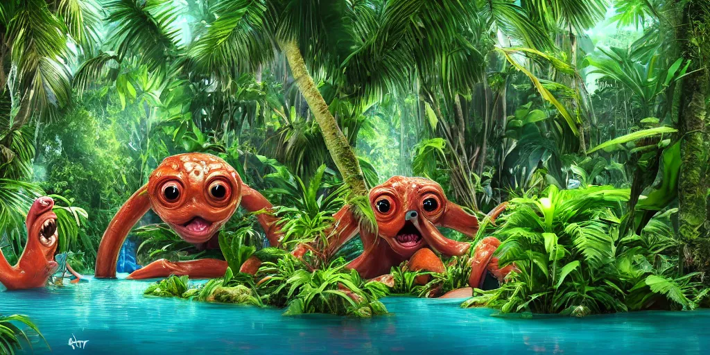 Image similar to of a tropical rainforest lake with strange cute friendly happy creatures with huge eyes, mouth, long tongue, round teeth and goofy face, appearing from the water, in the style of gehry and gaudi, macro lens, shallow depth of field, ultra detailed, digital painting, trending artstation, concept art, illustration, cinematic lighting, photorealism, epic, octane render