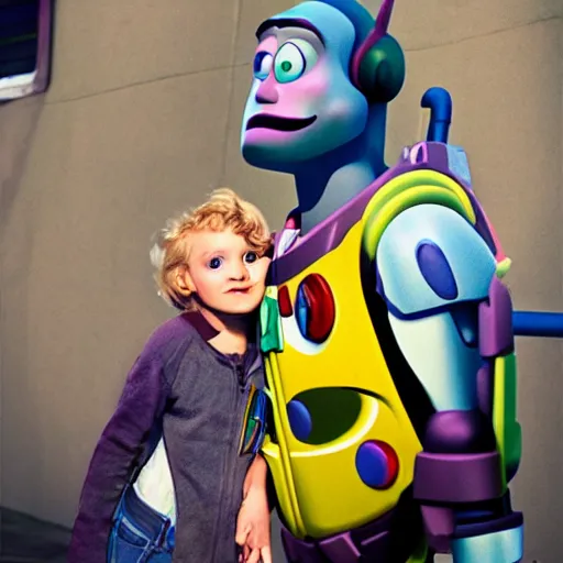 Image similar to UHD candid photo of Buzz Lightyear on skid row, UHD, photorealistic, correct face, photo by Annie Leibowitz