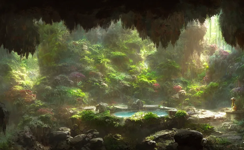 Image similar to painting of an interior of a hidden japanese hotspring in a small cave, fantasy, lush plants and flowers, natural light, concept art, by craig mullins, cozy atmospheric and cinematic lighting, trending on artstation