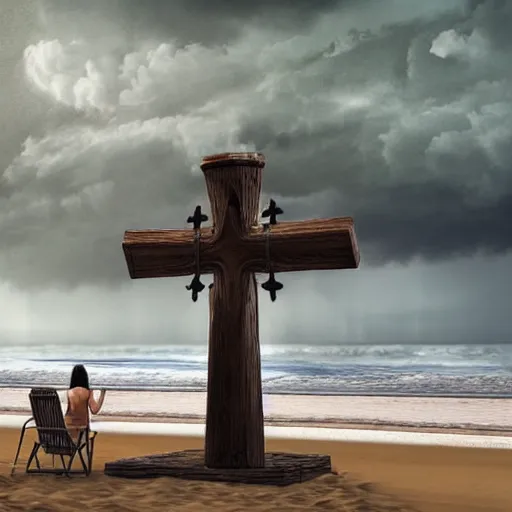 Image similar to a highly detailed tarot card of a large cross standing on the beach as a storm comes in with the tide, woman in a chair watching the ocean, epic fantasy, god rays, rocky beach, ultrawide lense, aerial photography, unreal engine, exquisite detail, 8 k, art by hokusai and jeong seon