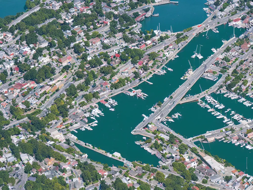 Prompt: bird's eye view photo of a small city with shops, shipping dock harbor, and beach to the south. a bridge crosses a big lake, with a town hall, marketplace, and towers to the north. there is a field in the middle of the city. small hills and woods north of the city