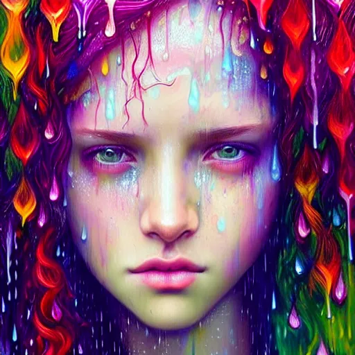 Image similar to portrait of a girl in the colorful rain with wet hair and face, fantasy, intricate, elegant, dramatic lighting, emotionally evoking symbolic metaphor, highly detailed, lifelike, photorealistic, digital painting, artstation, concept art, smooth, sharp focus, illustration, art by John Collier and Albert Aublet and Krenz Cushart and Artem Demura and Alphonse Mucha