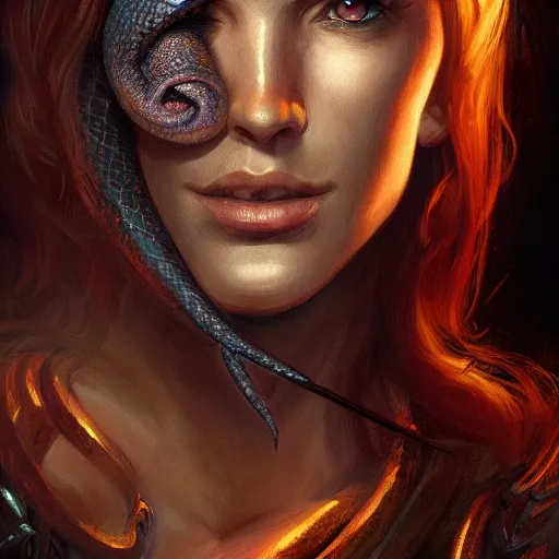 Image similar to Snake, portrait, fantasy, medieval, vivid colors, elegant, concept art, sharp focus, beautiful face, digital art, Hyper-realistic, 4K, Unreal Engine, Highly Detailed, HD, Dramatic Lighting by Brom, trending on Artstation