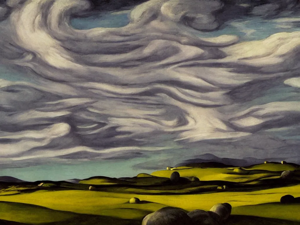 Image similar to dramatic landscape of donegal ireland after the storm, mammatus clouds and lenticular clouds, by edward hopper and giorgio de chirico