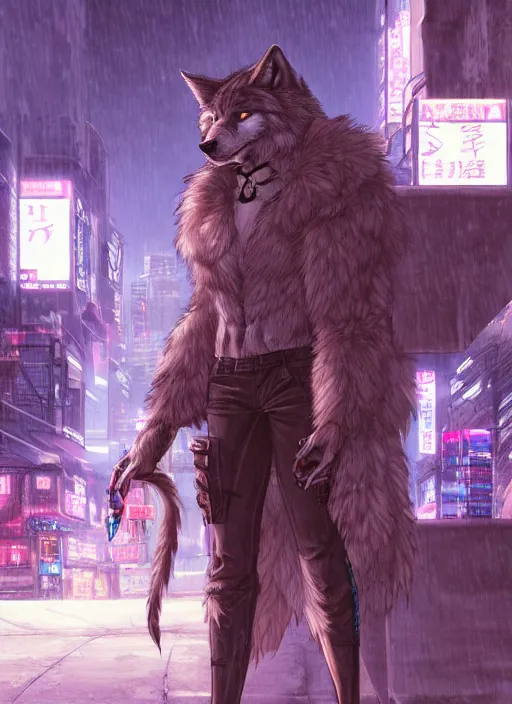 Image similar to character portrait of a male muscular anthro wolf fursona with a tail and a cute beautiful attractive detailed furry face wearing stylish cyberpunk clothes in a cyberpunk city at night while it rains. hidari, color page, tankoban, 4K, tone mapping, Akihiko Yoshida. Nomax, Kenket, Rukis.