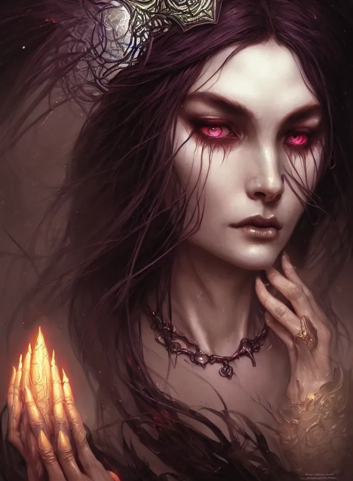 Image similar to Necromancer Sorceress face close-up macro in center, fantasy magic, undercut hairstyle, dark light night, intricate, elegant, sharp focus, illustration, highly detailed, digital painting, concept art, matte, art by WLOP and Artgerm and Greg Rutkowski and Alphonse Mucha, masterpiece