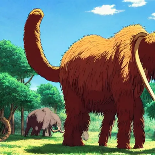 Image similar to a realistic cell - shaded studio ghibli concept art from paprika ( 2 0 0 6 ) of a giant wooly mammoth. very dull colors, wide shot, hd, 4 k, hq