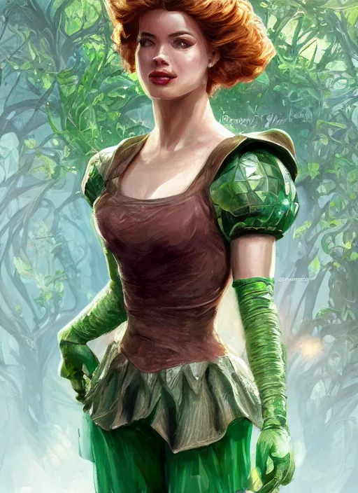 Prompt: beautiful female dorothy gale, rebecca romijn as dorothy, full body character concept, covered in full emerald armor, armor plating, art nouveau, super powers, fantasy, intricate, elegant, highly detailed, digital painting, artstation, concept art, shining, sharp focus, illustration, art by stanley lau