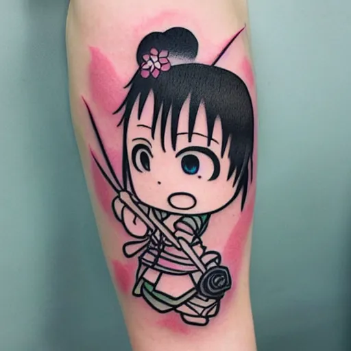 Image similar to japanese female samurai anime ninja schoolgirl, chibi, japanese anime girl Sakura flowers by Hayao Miyazaki, chibi ninja schoolgirl, kill me baby tattoo on upper arm