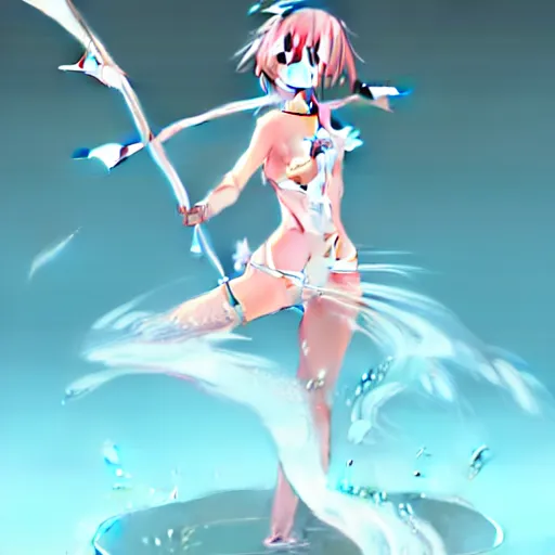 Image similar to an anime woman in an outfit made of water is doing a trick with bow and arrow, concept art by senior character artist, polycount contest winner, process art, concept art, 2d game art, full body, mid shot, artstation hd