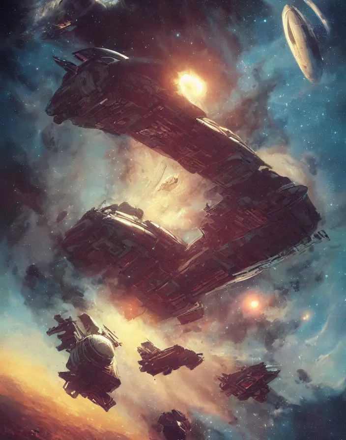 Image similar to illustrated by moebius and greg rutkowski, giant spaceship, nebulae, starry sky, vintage cover of sci - fi magazine