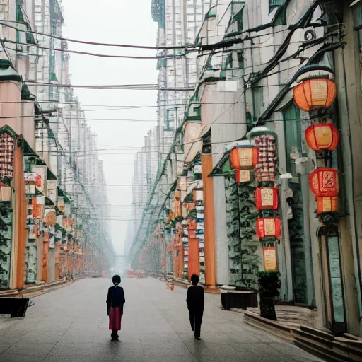 Image similar to Symmetric Wes Anderson film style in ShangHai , sharp focus , wideshot