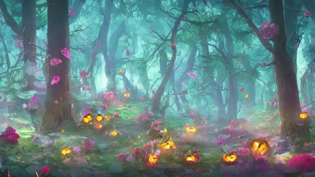 Image similar to candy forest, cinematic scene, studio lighting, low poly, colorful, fantasy, fireflies, flowers, halloween, fairytale, ( matte painting, concept art, medium shot, trending on artstation )