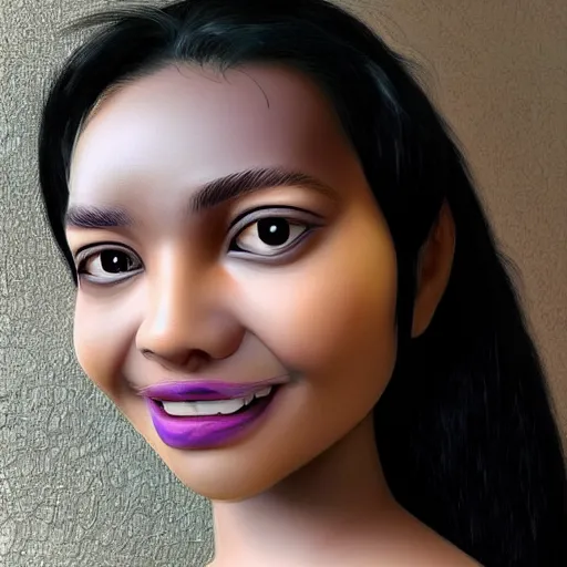 Image similar to zi di had a head of curvy black hair, and her wheat coloured skin glistened with sweat, giving her a delicate appearance. her features were defined, and she had a beautiful smile beyond the ordinary. the most attractive part of her was her big, purple eyes, shining like clear amethyst.