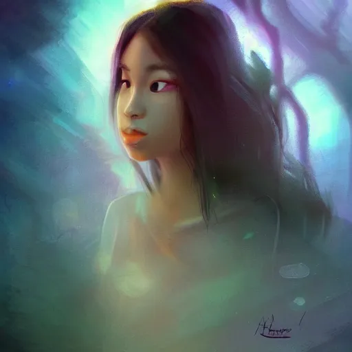 Image similar to a thin, pretty young Filipino woman with long hair floats in a dreamy world in the distance, her face is shaded, very beautiful, inspiring, dramatic lighting, abstract digital art, trending on artstation